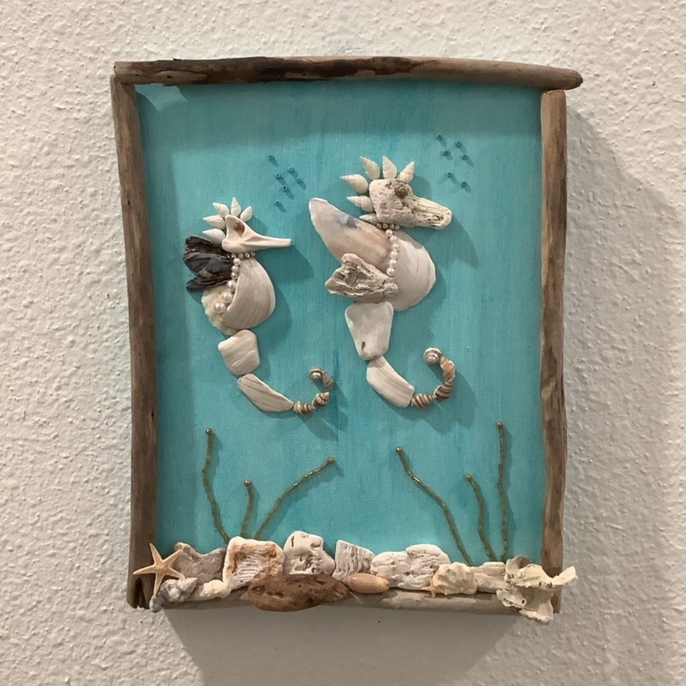 Driftwood Art, Seashell Jeweled Seahorses, Jeweled Seahorses Art, Coastal Art